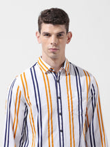 Men's White Casual Slim Fit Polo Collar Full Sleeves Shirt