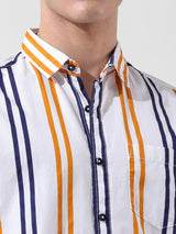 Men's White Casual Slim Fit Striped Full Sleeves Shirt