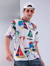 Men's White Casual Oversized Fit Printed Half Sleeves Tshirt