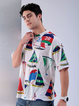 Men's White Casual Oversized Fit Printed Half Sleeves Tshirt