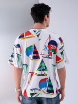 Men's White Casual Oversized Fit Printed Half Sleeves Tshirt