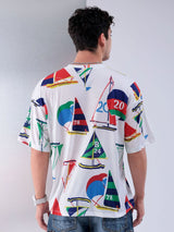 Men's White Casual Oversized Fit Printed Half Sleeves Tshirt
