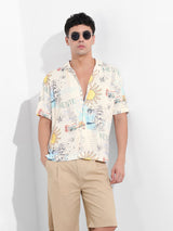 Men's White Casual Printed Half Sleeves Shirt