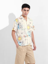 Men's White Casual Printed Half Sleeves Shirt