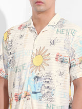 Men's White Casual Printed Half Sleeves Shirt