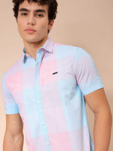 Men's Multicolor Casual Slim Fit Checked Spread Collar Half Sleeves Shirt