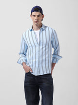 Men's Blue Casual Regular Fit Round Neck Full Sleeves Shirt