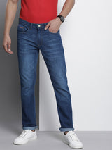 Men's Blue Slim Fit Solid Mid Rise Jeans