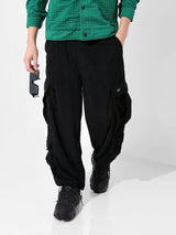 Men's Black Casual Relaxed Fit Textured Mid-Rise Cargo