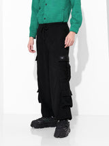 Men's Black Casual Relaxed Fit Textured Mid-Rise Cargo