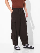 Men's Dark Brown Baggy Fit Textured Mid Rise Cargo