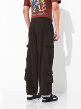 Men's Dark Brown Baggy Fit Textured Mid Rise Cargo