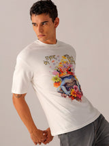 Men's White Casual Oversized Fit Printed Half Sleeves Tshirt