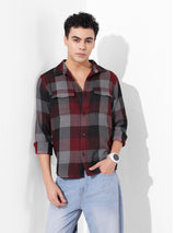 Men's Maroon Casual Checked Full Sleeves Shirt