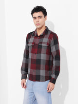 Men's Maroon Casual Checked Full Sleeves Shirt