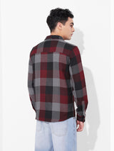Men's Maroon Casual Checked Full Sleeves Shirt