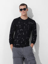 Men's Black Casual Regular Fit Printed Full Sleeves Tshirt