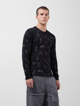 Men's Black Casual Regular Fit Printed Full Sleeves Tshirt