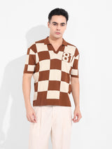 Men's Brown Casual Textured Oversized Fit Half Sleeves Polo Tshirt