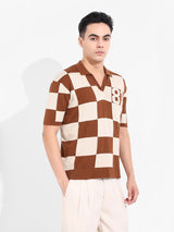 Men's Brown Casual Textured Oversized Fit Half Sleeves Polo Tshirt