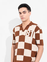 Men's Brown Casual Textured Oversized Fit Half Sleeves Polo Tshirt