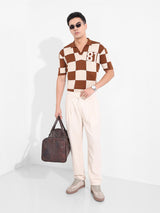 Men's Brown Casual Textured Oversized Fit Half Sleeves Polo Tshirt