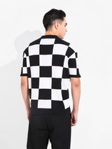 Men's Black Casual Textured Oversized Fit Half Sleeves Polo Tshirt