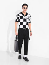 Men's Black Casual Textured Oversized Fit Half Sleeves Polo Tshirt