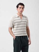 Men's Cream Casual Textured Slim Fit Half Sleeves Polo Tshirt