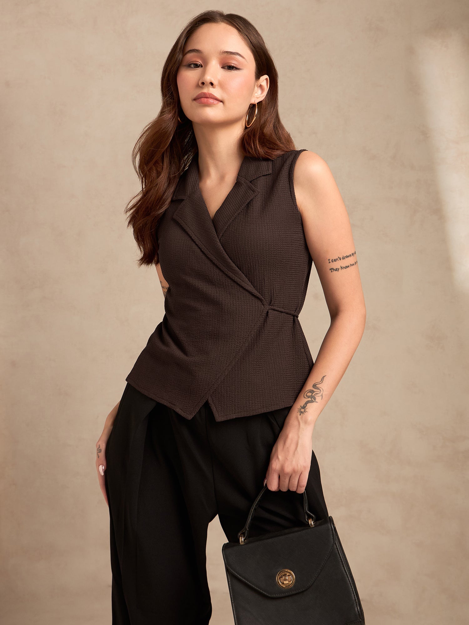 Women's Brown Party Solid Sleeveless Top