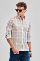Men's Beige Casual Slim Fit Checkered Full Sleeves Shirt