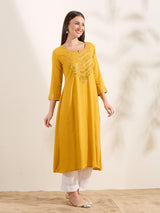 Women's Yellow Solid Mirror Embroidered A-Line Flared Kurta