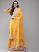 Women's Mustard Yellow Embroidered Regular Gotta Patti Kurta with Sharara with Dupatta