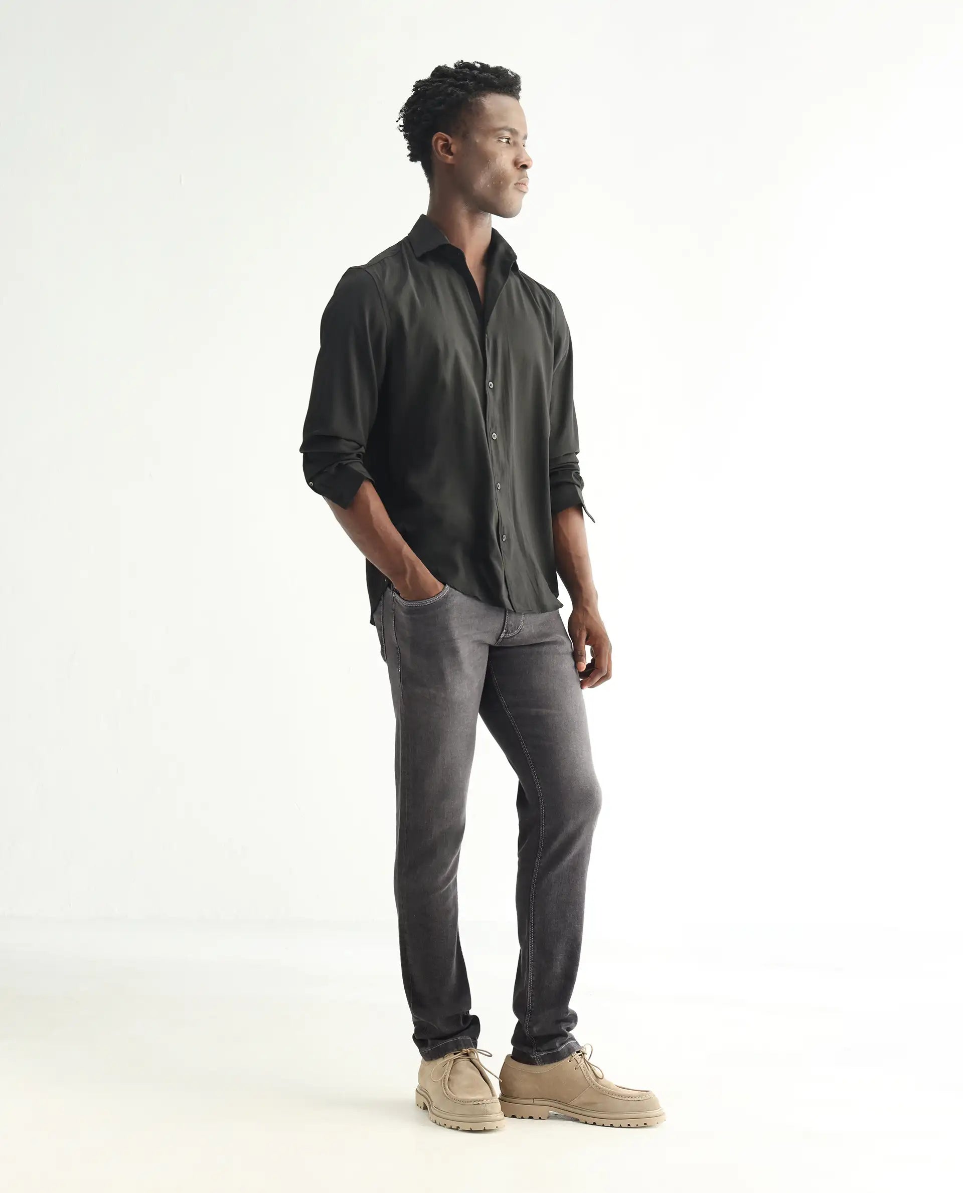 Men's Grey Casual Slim Fit Solid Jeans