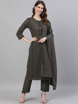 Women's Olive Green Self Design Kurta with Trousers Dupatta