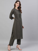 Women's Olive Green Self Design Kurta with Trousers Dupatta