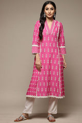 Women's Pink Festive Three Quarter Sleeves Kurta