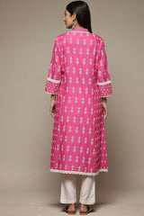 Women's Pink Festive Three Quarter Sleeves Kurta