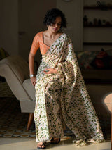 Women's White Cotton Silk Saree