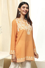 Women's Orange Festive Three Quarter Sleeves Kurti