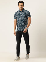 Men's Slim Fit Floral Printed Half Sleeves Cutaway Collar Casual Shirt