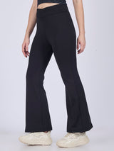 Women's Black Criss Cross Waist Band Flared Leggings