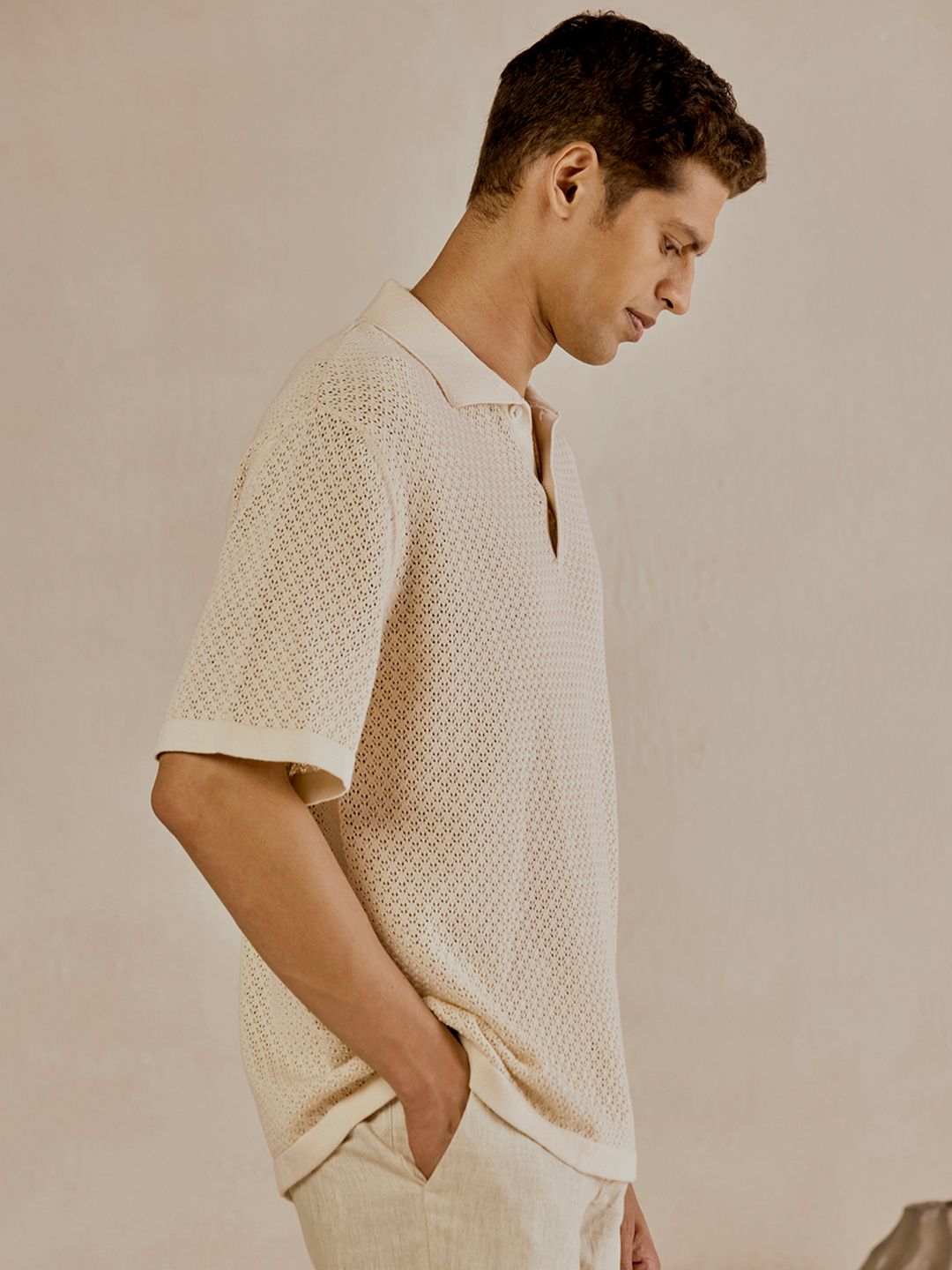 Men's Beige Casual Relaxed Fit Printed Half Sleeves Polo Tshirt