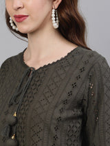 Women's Olive Green Self Design Kurta with Trousers Dupatta