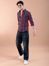 Men's Regular Fit Checkered Full Sleeves Cutaway Collar Casual Shirt