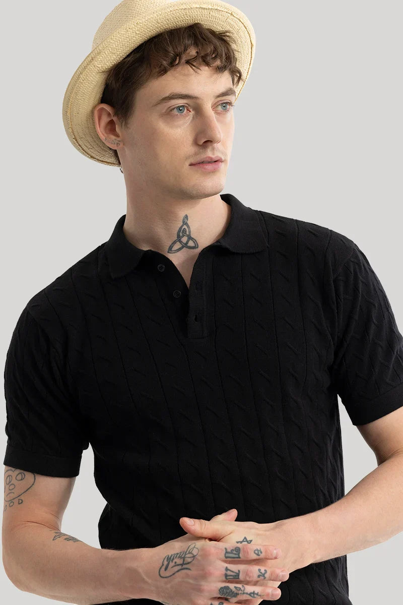 Men's Black Casual Slim Fit Printed Half Sleeves Polo Tshirt