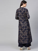 Women's Dark Blue Printed Kurta with Palazzos and Jacket