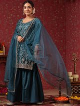 Women's Ethnic Blue Straight Poly Silk Kurta Set with Dupatta