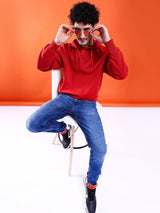 Men's Red Casual Hood Neck Solid Full Sleeves Hoodie