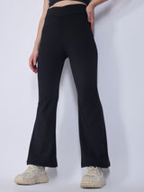 Women's Black Criss Cross Waist Band Flared Leggings